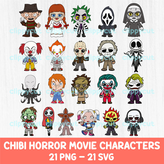 Horror Movie Characters Bundle - Chibi Characters - Sublimation PNG Shirt - Cricut SVG Cut Files - Halloween Clipart - Scary and Creepy Characters