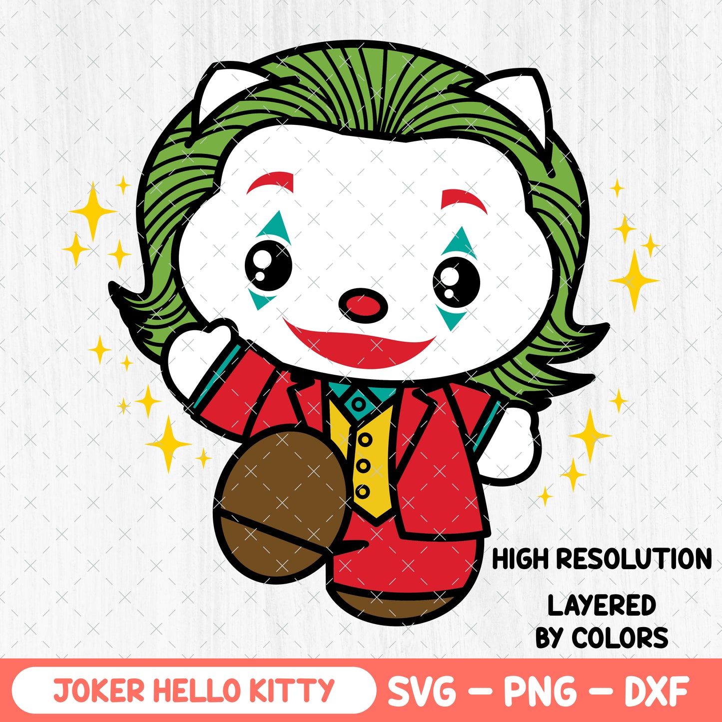 Joker Hello Kitty Svg - Cute Villain Clown PNG Clipart - Halloween Sublimation Shirt - Horror Movie Chraracter Svg - Cricut, Silhouette Vector Cut File