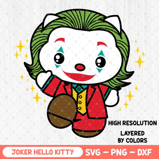 Joker Hello Kitty Svg - Cute Villain Clown PNG Clipart - Halloween Sublimation Shirt - Horror Movie Chraracter Svg - Cricut, Silhouette Vector Cut File