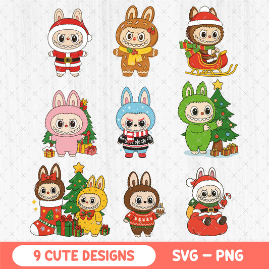 Christmas Labubu SVG Bundle - Kawaii Labubu PNG Clipart - Cute Monster Holiday Pack - Cricut Vector Cut Files - Christmas Sublimation