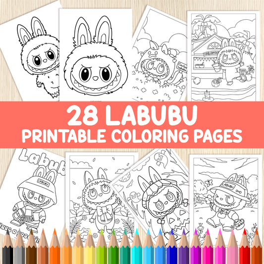 Labubu Coloring Pages for Kids - 28 Printable Labubu Sheets - Fun Activity Book PDF - Kawaii Labubu Coloring