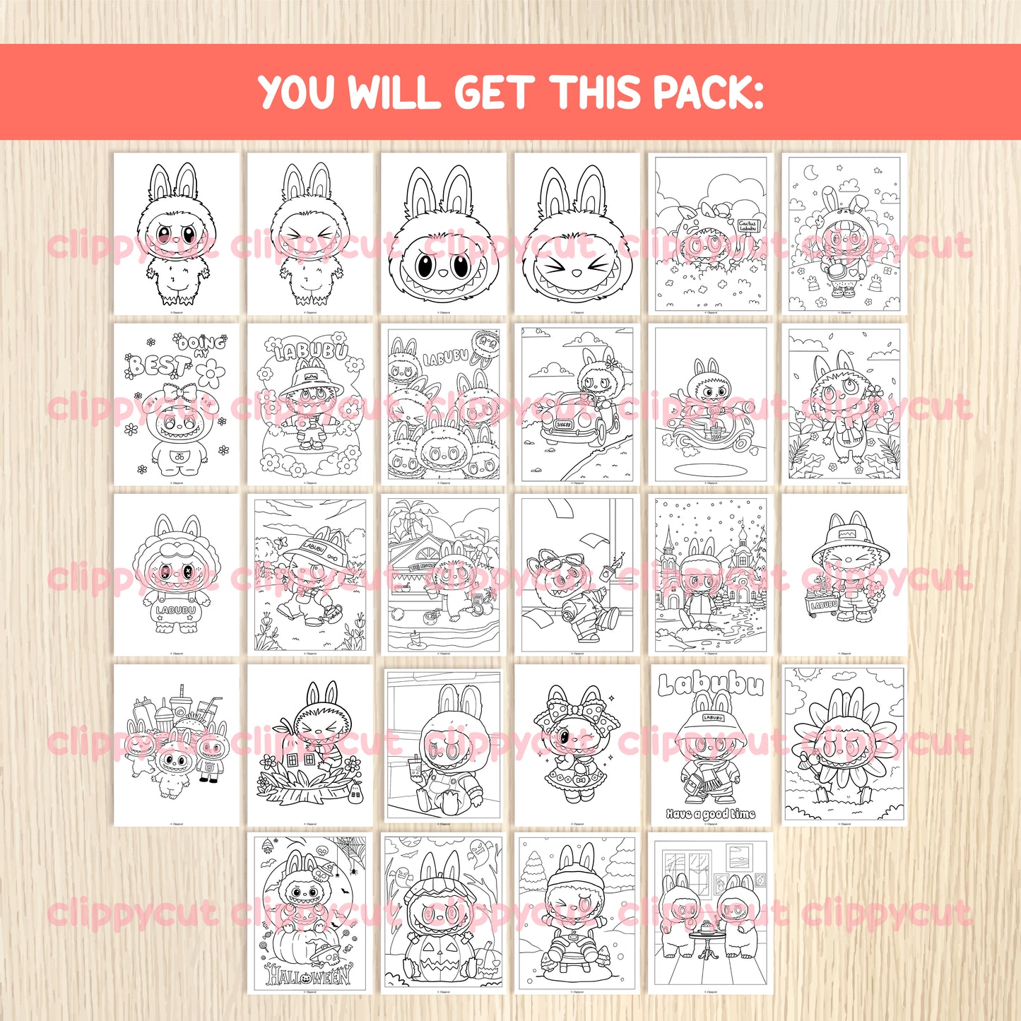 Labubu Coloring Pages for Kids - 28 Printable Labubu Sheets - Fun Activity Book PDF - Kawaii Labubu Coloring