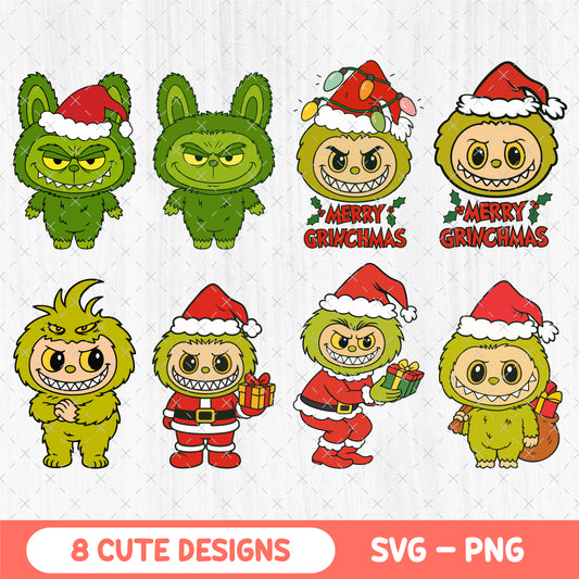 Labubu Grinch Christmas SVG Bundle - 8 Cute Kawaii Xmas Clipart - Merry Grinchmas PNG - Labubu Clipart - Cricut Vector Cut Files