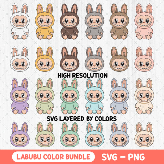 Labubu Color SVG & PNG Bundle - Cute Kawaii Labubu Clipart - Labubu Vector Cut Files - Halloween Labubu Sublimation Shirts