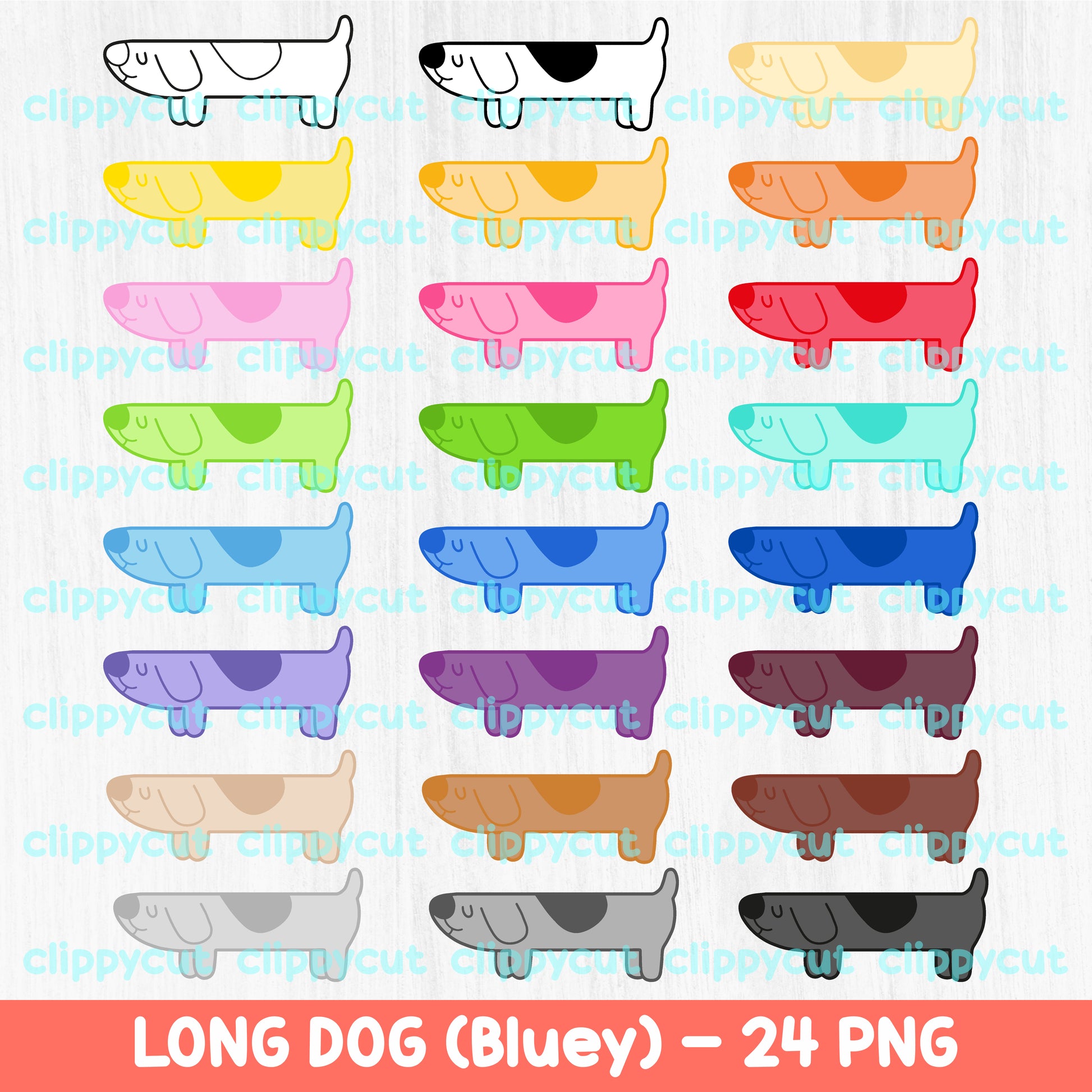 Long Dog (Bluey) clipart featuring 24 unique designs in various colors. High-resolution PNGs ideal for scrapbooking, digital projects, and crafting.