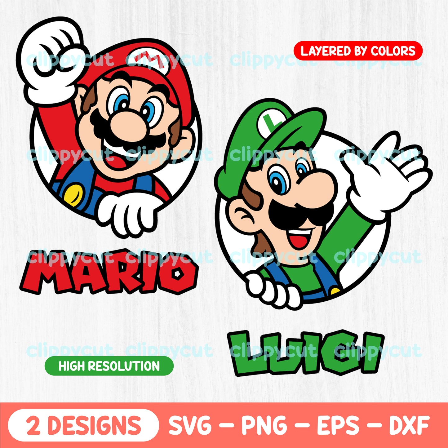 High-resolution Mario and Luigi digital designs in SVG, PNG, EPS, and DXF formats, perfect for crafts, custom shirts, mugs, and stickers.