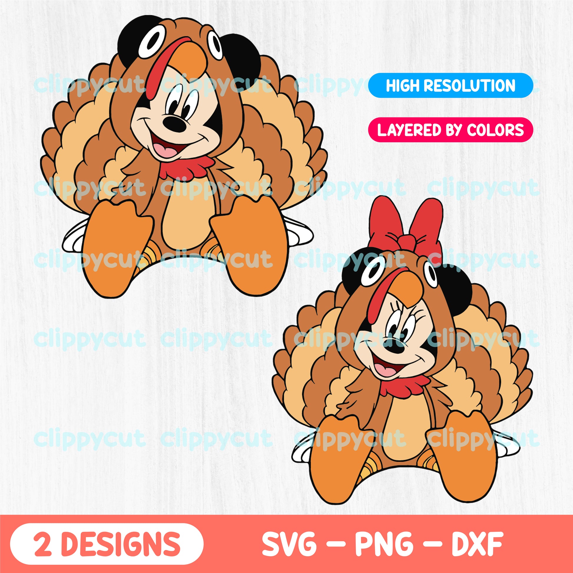 Mickey and Minnie Mouse dressed as turkeys, perfect for crafting with Cricut & Silhouette. Includes layered SVG, PNG, and DXF files for easy use in Thanksgiving projects.