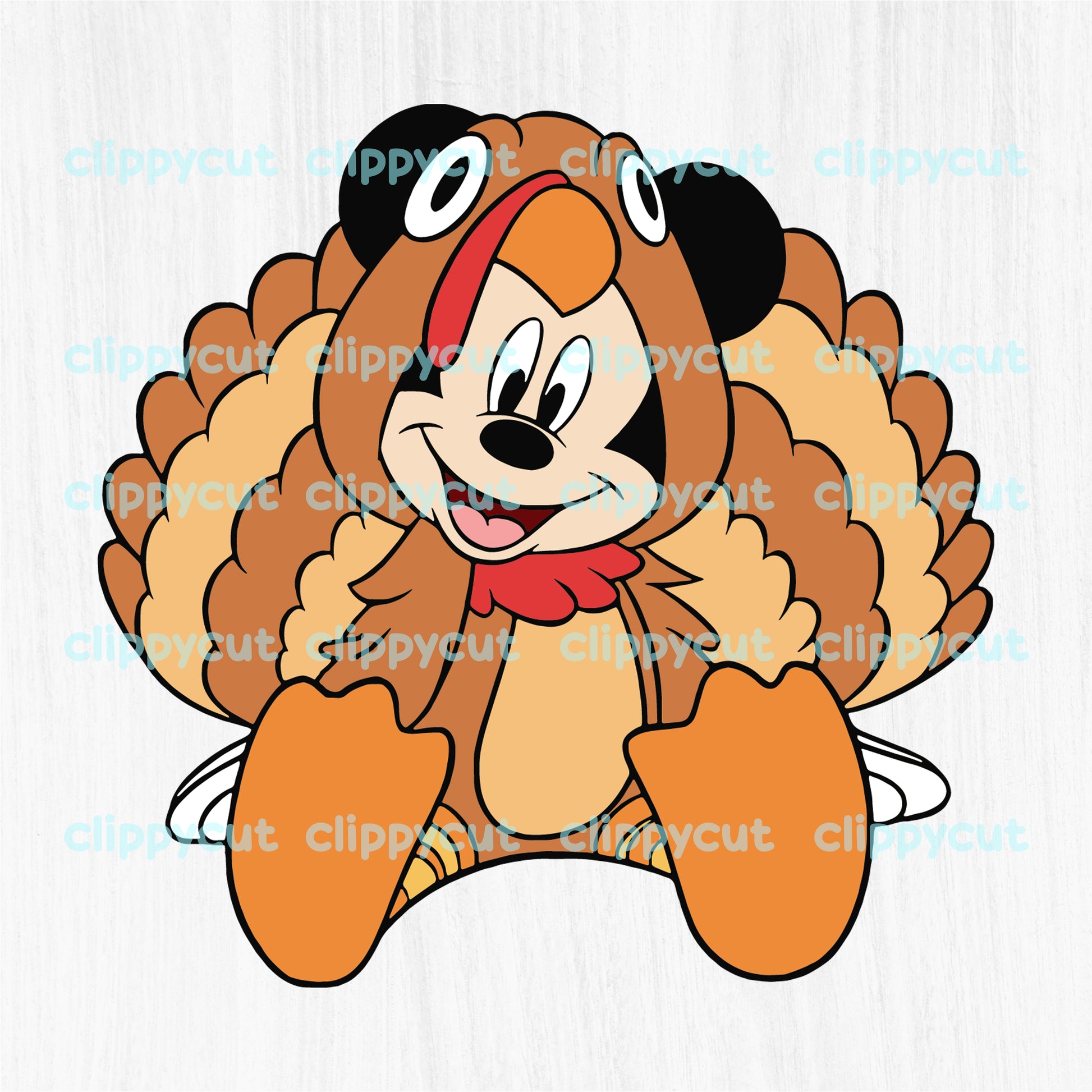 Mickey and Minnie Mouse dressed as turkeys, perfect for crafting with Cricut & Silhouette. Includes layered SVG, PNG, and DXF files for easy use in Thanksgiving projects.