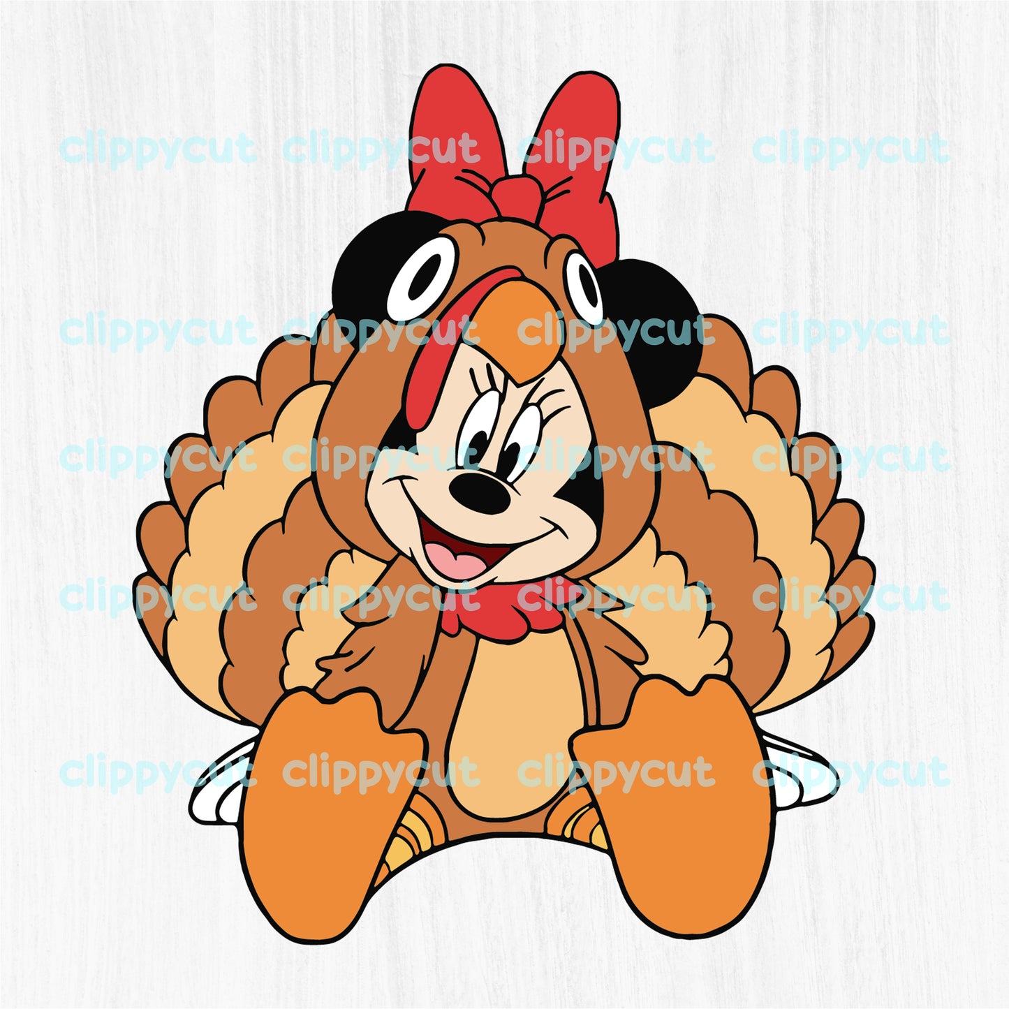 Mickey and Minnie Mouse dressed as turkeys, perfect for crafting with Cricut & Silhouette. Includes layered SVG, PNG, and DXF files for easy use in Thanksgiving projects.