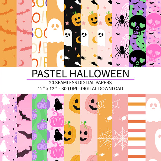 Halloween Digital Paper Bundle - 20 Seamless Pastel Patterns - Halloween Pack - Halloween Backgrounds -Halloween Designs - Soft Clipart