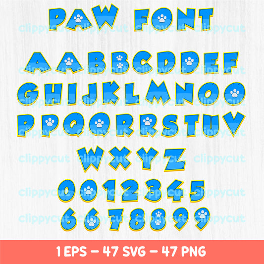 Paw Patrol font clipart featuring colorful letters and numbers with paw prints. Includes 47 high-resolution SVGs, PNGs, and 1 all-in-one EPS file, ideal for crafting and Paw Patrol-themed projects.