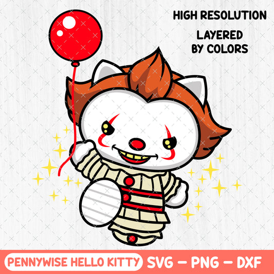 Pennywise Hello Kitty Svg - Kawaii Kitty PNG Clipart - Cute Horror Clown Clipart - Halloween Sublimation Shirt - Horror Movie Friends Svg - Cricut, Silhouette Vector Cut File