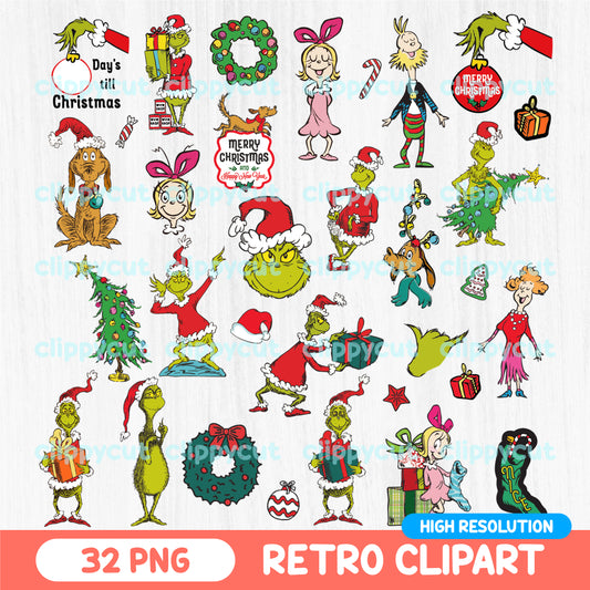 Retro Grinch Clipart Bundle - 32 Christmas PNGs featuring Grinch and Whoville characters for crafts and sublimation projects.