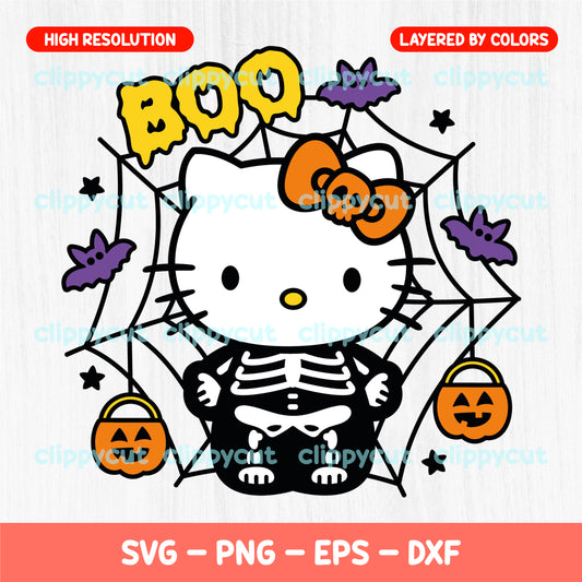 Hello Kitty dressed as a skeleton with a Halloween theme, including bats, pumpkins, and a spider web. High-resolution digital file in SVG, PNG, EPS, and DXF formats, perfect for Halloween crafts and DIY projects.