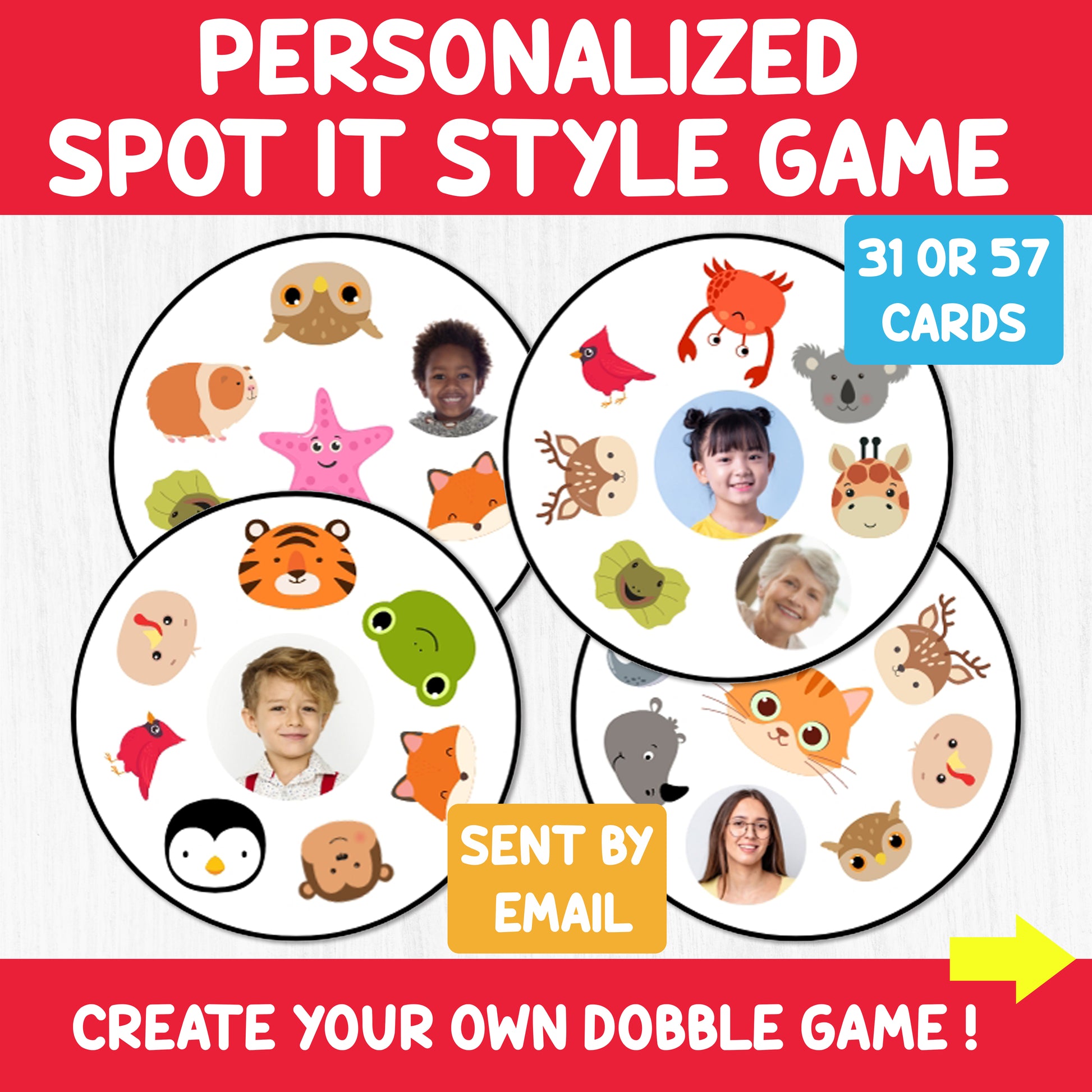 Personalized Spot It game! Dobble Game! Customize with photos or illustrations. Perfect for family fun, parties, or classrooms.