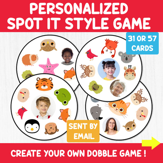 Personalized Spot It game! Dobble Game! Customize with photos or illustrations. Perfect for family fun, parties, or classrooms.