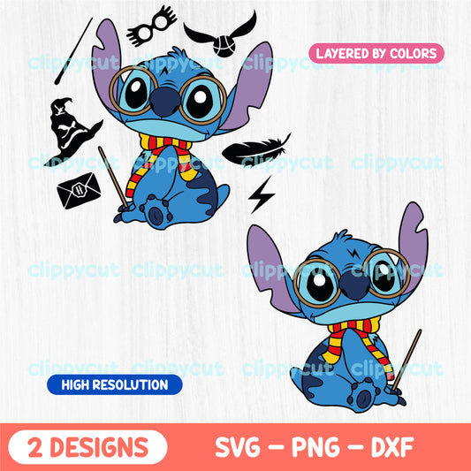 Cute Stitch dressed as Harry Potter with a Gryffindor scarf, glasses, and wand. Ideal clipart for crafting projects using Cricut and Silhouette.