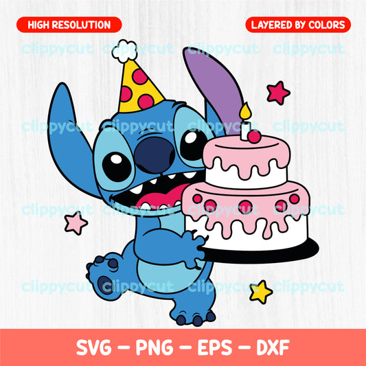 Stitch character wearing a party hat and holding a pink birthday cake with candles, available in high-resolution SVG, PNG, EPS, and DXF formats for crafting and party decoration projects.