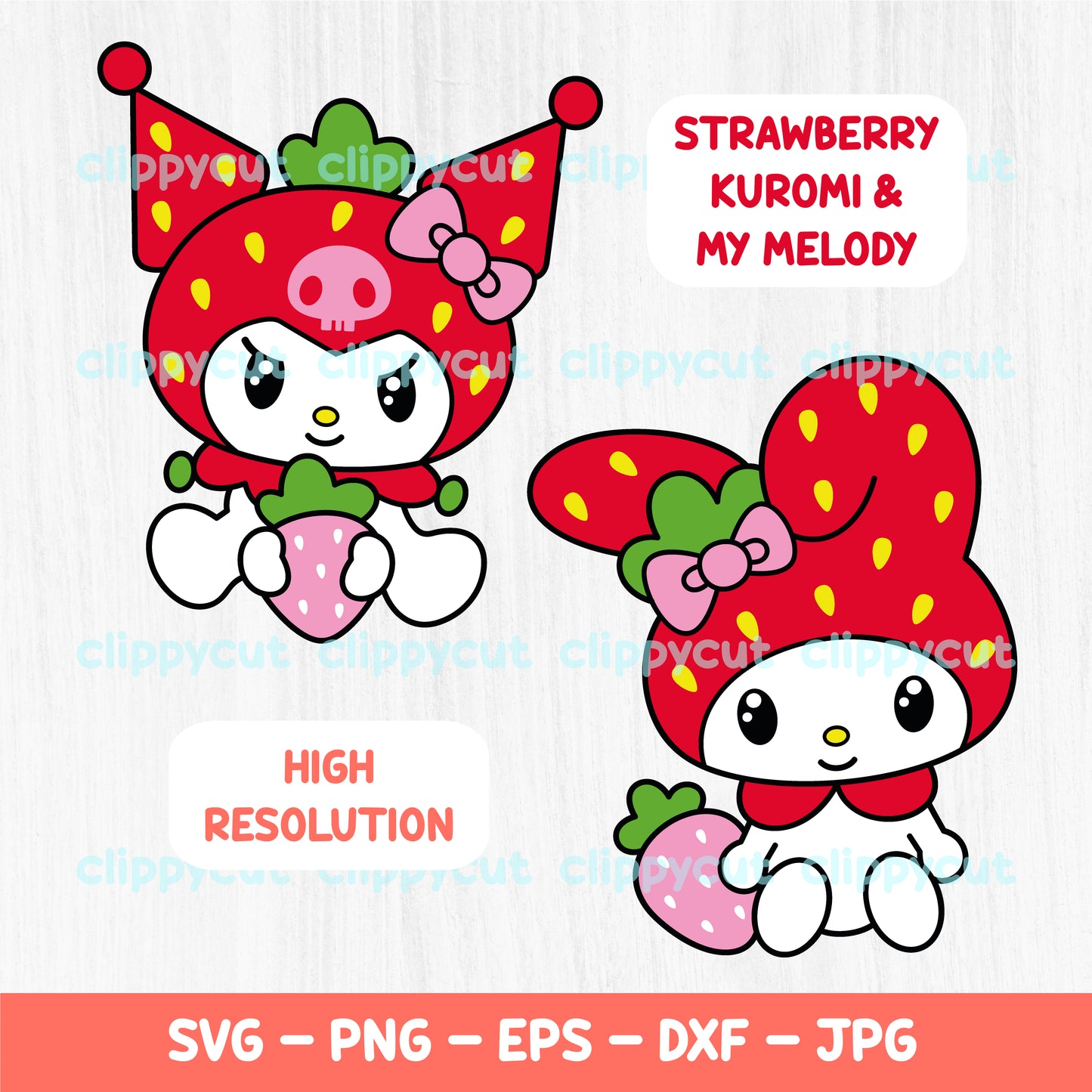 Strawberry Kuromi & My Melody Svg - Sanrio Characters Clipart - Kuromi Svg - My Melody Svg - Kawaii and Cute Designs PNG - Cricut and Silhouette - Vector Cut Files