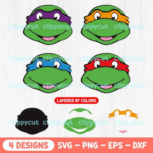 Teenage Mutant Ninja Turtles face designs of Leonardo, Raphael, Donatello, and Michelangelo in SVG, PNG, EPS, and DXF formats. Perfect for crafting projects with Cricut and Silhouette.