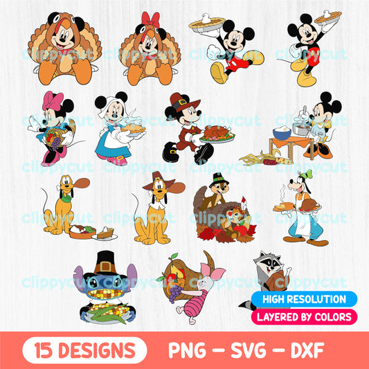 Disney Thanksgiving Clipart featuring Mickey, Minnie, and friends in festive attire. Perfect for print and cut projects, compatible with Cricut and Silhouette.