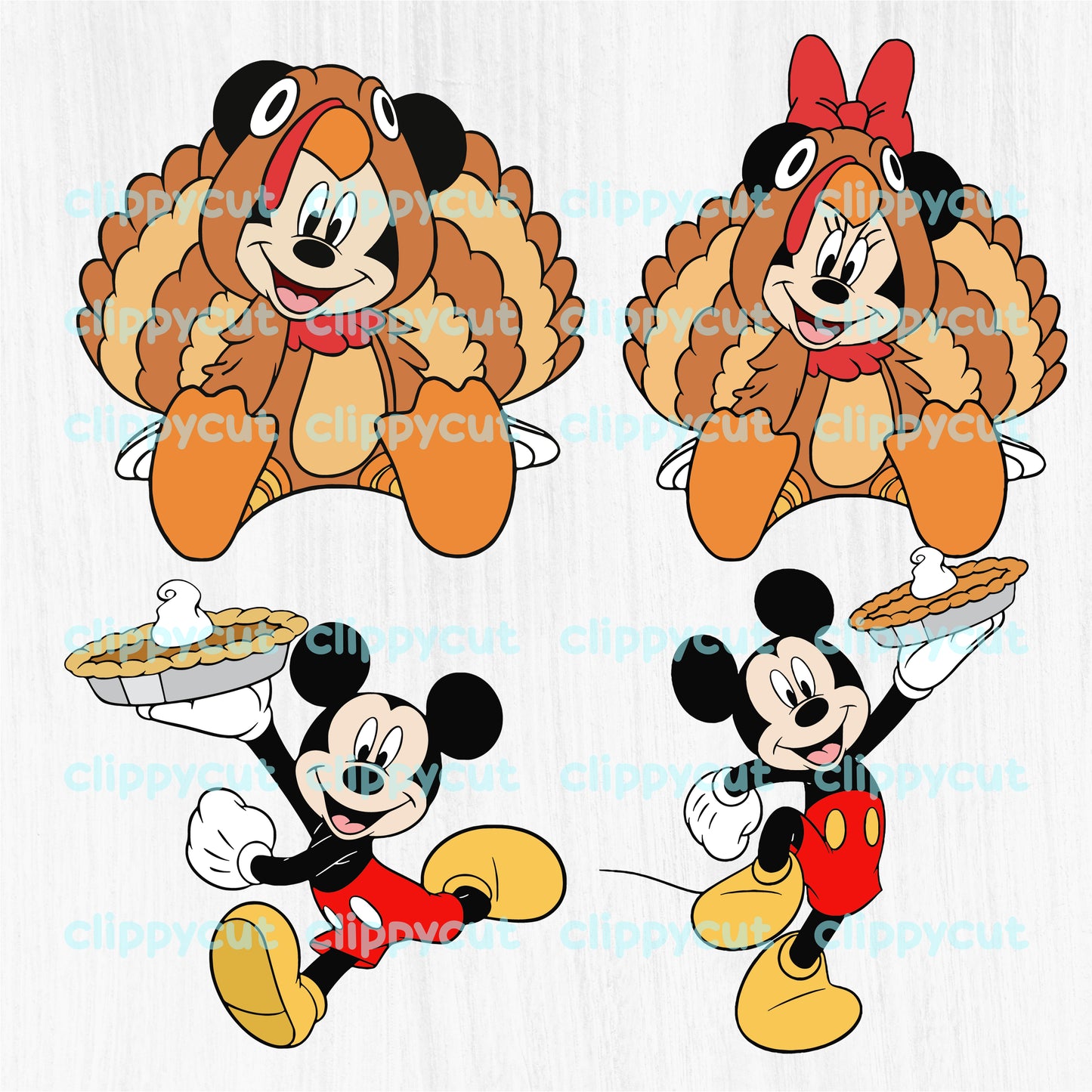 Disney Thanksgiving Clipart featuring Mickey, Minnie, and friends in festive attire. Perfect for print and cut projects, compatible with Cricut and Silhouette.