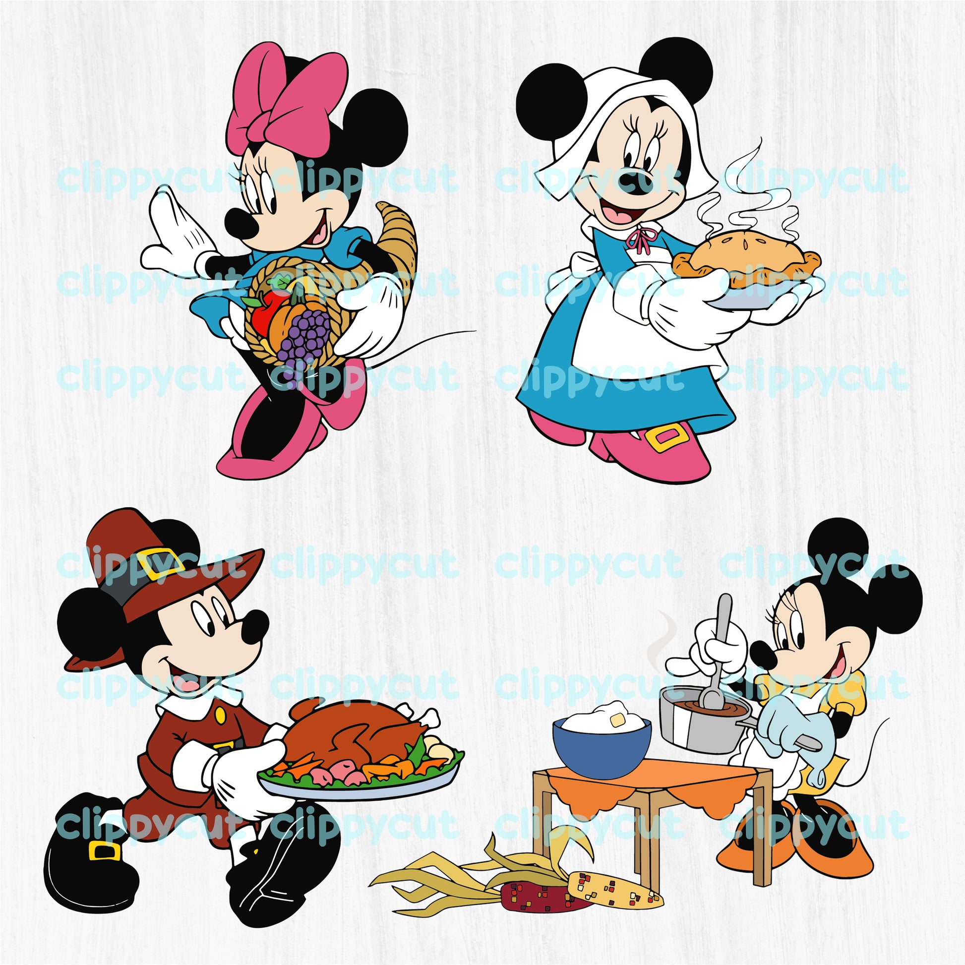 Disney Thanksgiving Clipart featuring Mickey, Minnie, and friends in festive attire. Perfect for print and cut projects, compatible with Cricut and Silhouette.