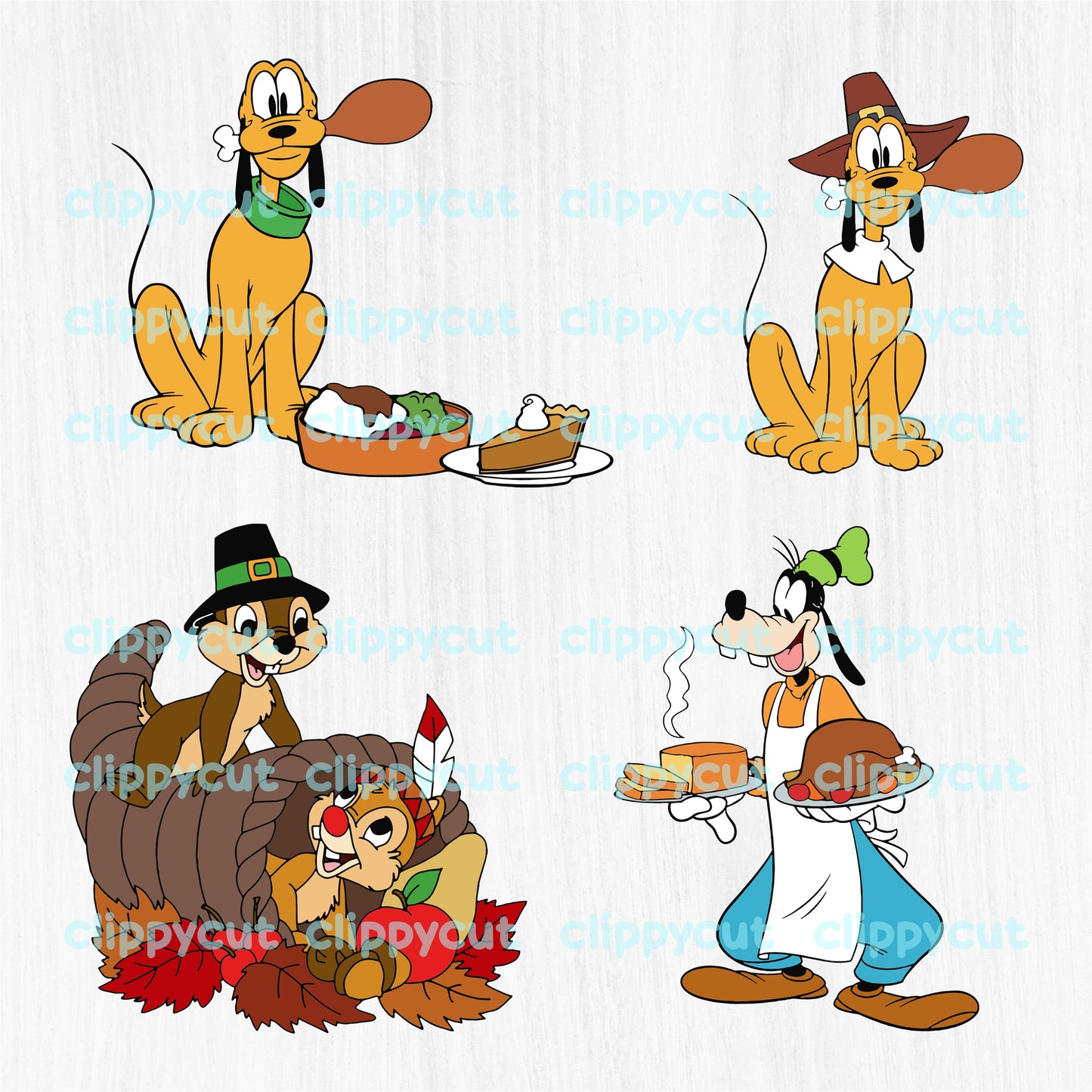 Disney Thanksgiving Clipart featuring Mickey, Minnie, and friends in festive attire. Perfect for print and cut projects, compatible with Cricut and Silhouette.