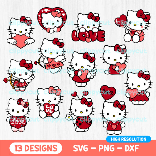 Kawaii Valentine's Kitty bundle showcasing 13 adorable high-resolution designs in various Valentine's themes, perfect for crafting and decoration