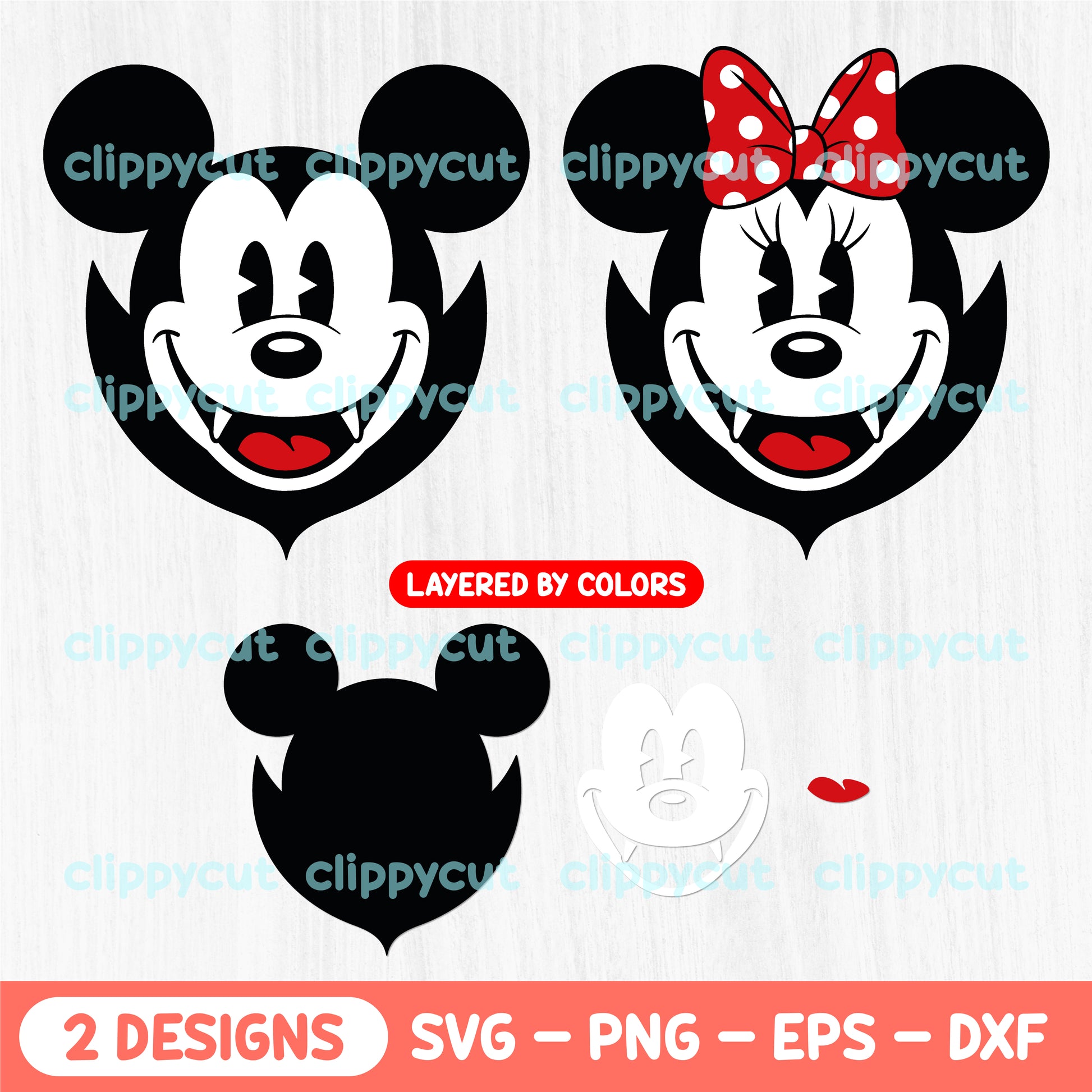 Vampire Mickey and Minnie design set. Includes SVG, PNG, EPS, and DXF files, ideal for Cricut and Silhouette. Perfect for Halloween projects.