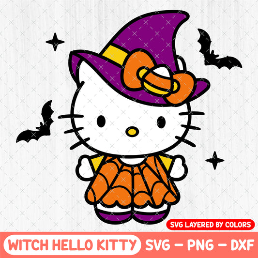 Witch Hello Kitty SVG - Cute Halloween PNG Clipart - Kawaii Cat Svg - Cricut, Silhouette Vector Cut File
