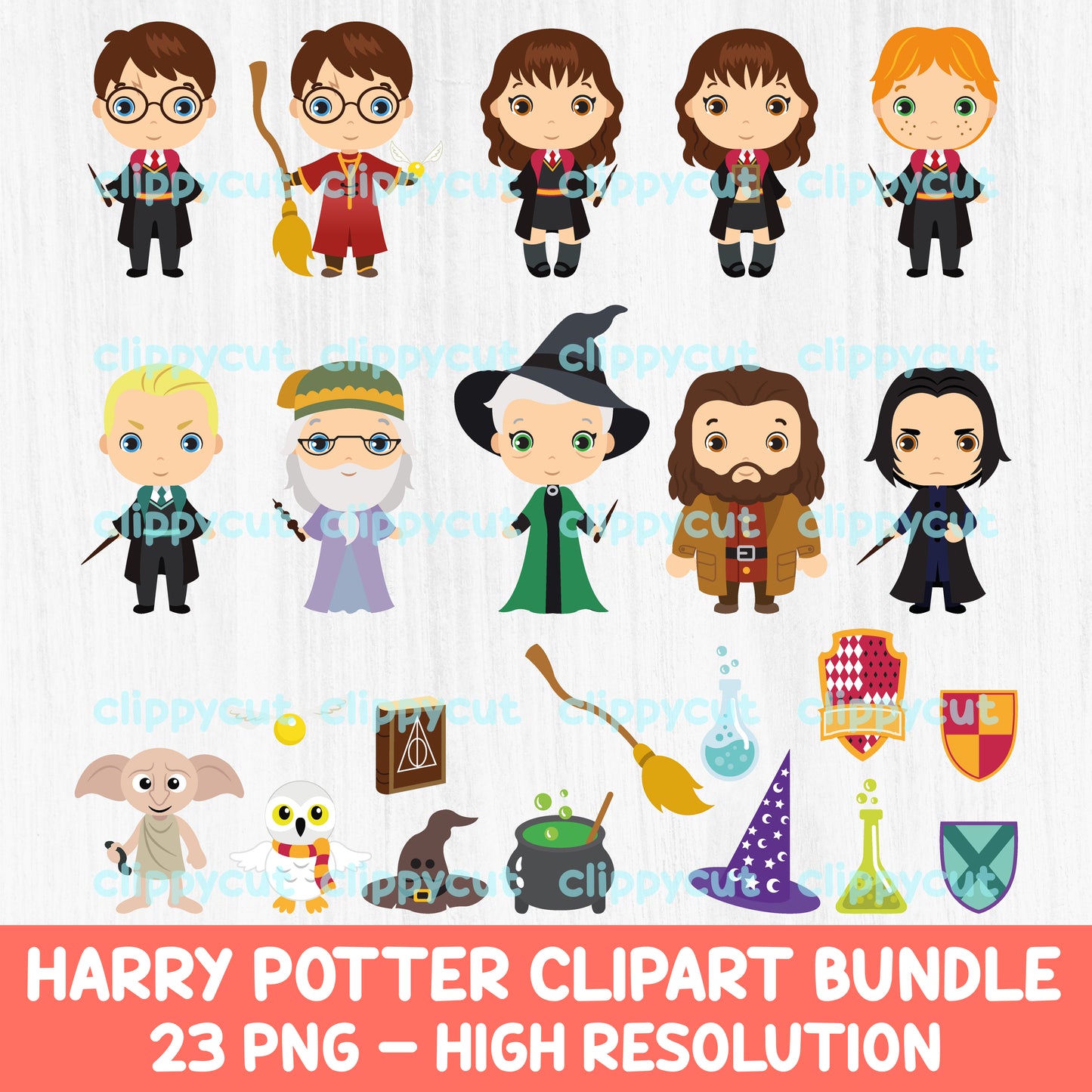 Harry Potter Clipart Bundle - Chibi Characters PNG - Wizard Sublimation Shirt - Kawaii Magicians Design - School of Magic Birthday Party - Halloween Clipart - Cute Characters