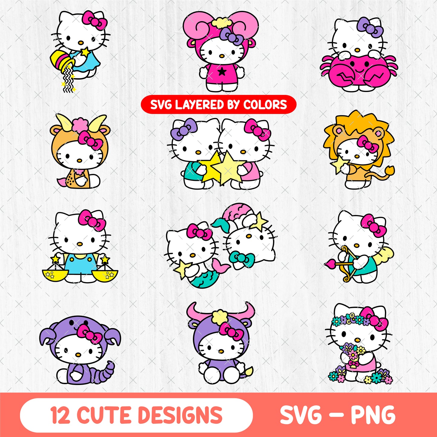 Hello Kitty Zodiac SVG Bundle - 12 Cute Kawaii Astrology Clipart - Horoscope Svg - Zodiac Signs PNG - Cricut Vector Cut Files