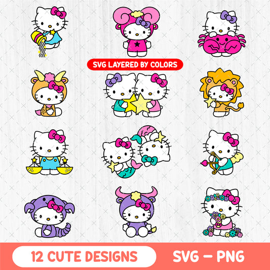 Hello Kitty Zodiac SVG Bundle - 12 Cute Kawaii Astrology Clipart - Horoscope Svg - Zodiac Signs PNG - Cricut Vector Cut Files