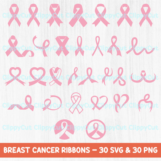 Breast Cancer Ribbon SVG Bundle -  30 Pink Ribbon Designs - Breast Cancer Awareness - Sublimation Shirt - Cancer Clipart - Ribbons Designs - Cut Files - Cricut & Silhouette