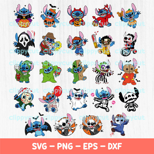 Stitch Halloween SVG Bundle - Stitch Horror Characters - Halloween Clipart - Stitch Cut Files - Layered Svg - Sublimation Shirt - Blue Alien - Cartoon Characters