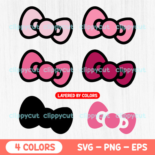 Hello Kitty's iconic bow in 4 colors. High-resolution PNG, SVG, and EPS formats, perfect for crafting projects with Cricut and Silhouette. Ideal for DIY designs and digital creations.