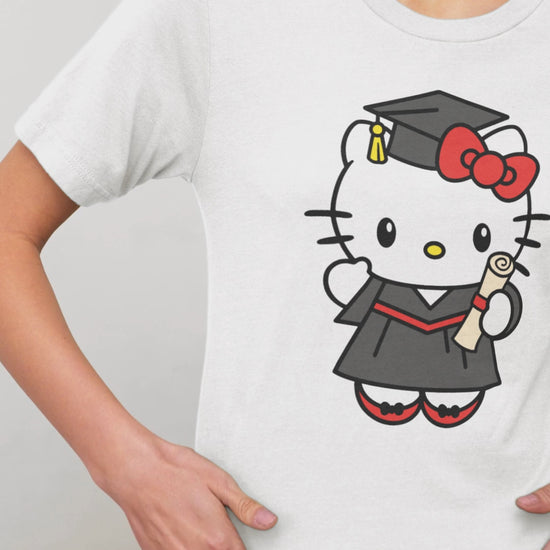 A set of Hello Kitty Graduate Clipart designs in 12 different colors. Each Hello Kitty is shown wearing a cap and gown, holding a diploma, ideal for graduation-themed projects.