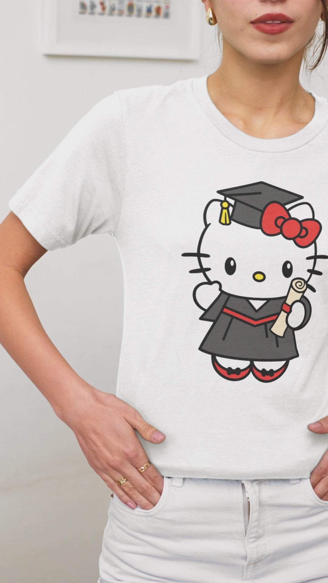 A set of Hello Kitty Graduate Clipart designs in 12 different colors. Each Hello Kitty is shown wearing a cap and gown, holding a diploma, ideal for graduation-themed projects.